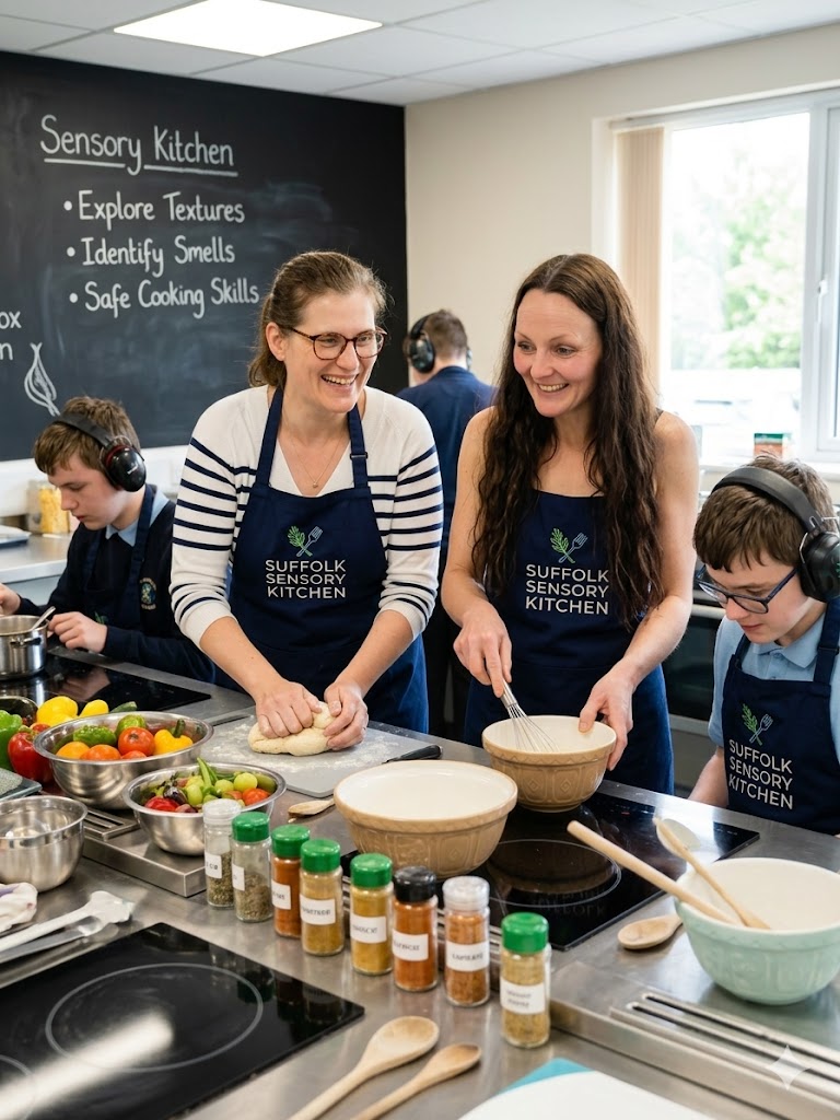The Suffolk Sensory Kitchen directors cooking from scratch with students in the branded sensory kitchen.