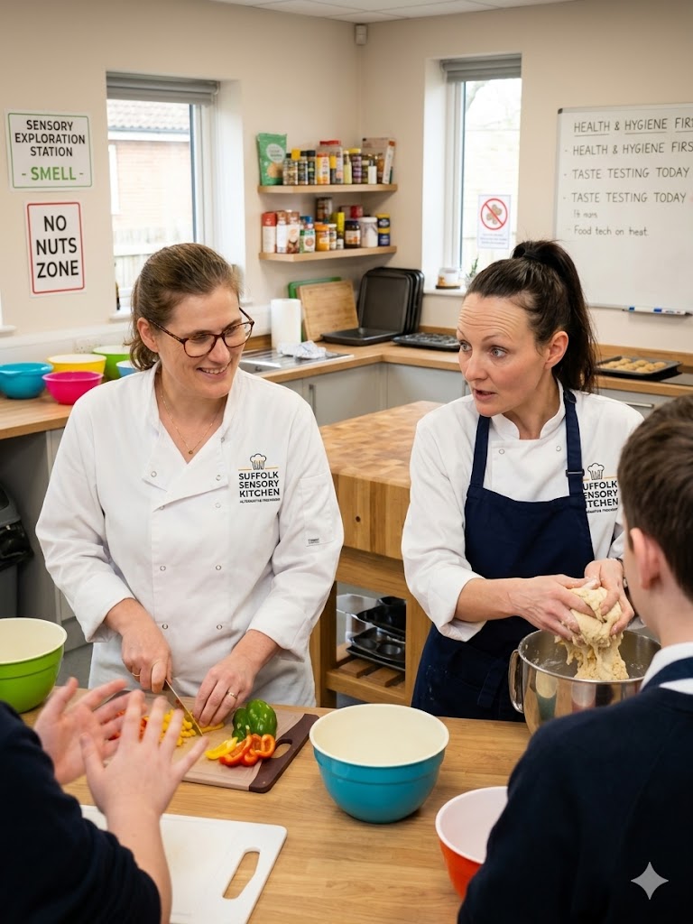 A Suffolk Sensory Kitchen director slicing fresh peppers and seasonal vegetables with a student in the kitchen.