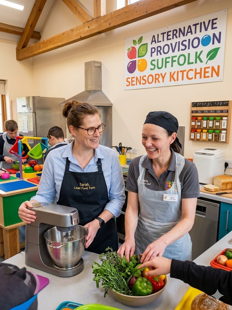 The Suffolk Sensory Kitchen directors leading a kitchen workshop with young people under the provision's banner.